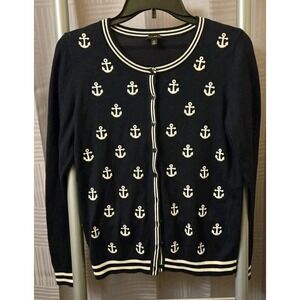 Talbots Womens Anchor Button Up Cardigan Size XS Blue‎ Nautical Preppy Beachy